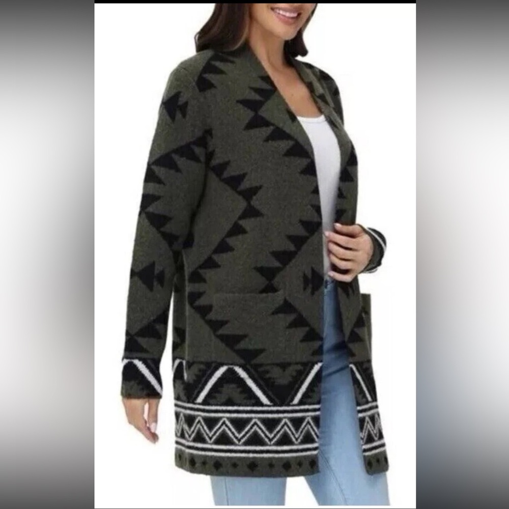 Frye Cardigan Sweater Southwestern Geometric Knit Olive Size S